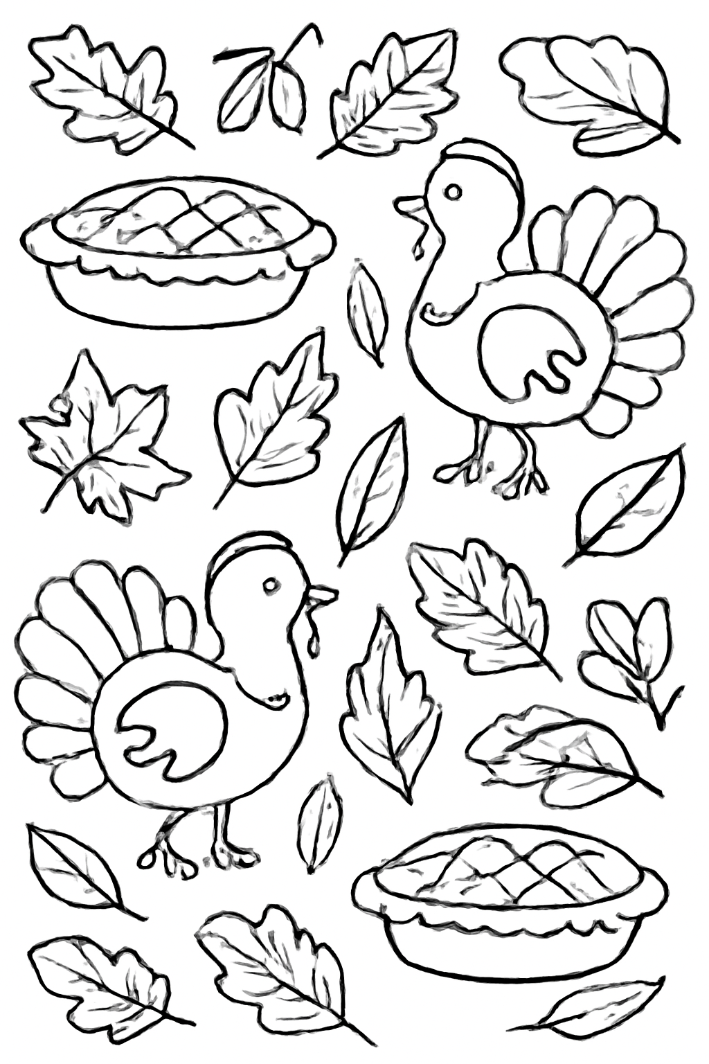 Free printable Thanksgiving pattern of turkeys leaves and pies coloring page for kids