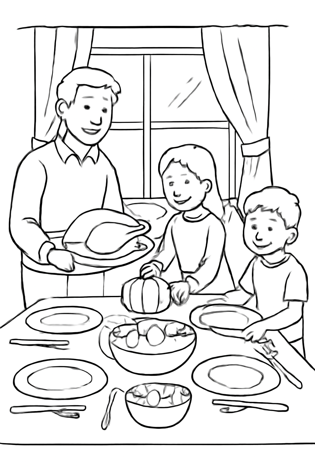 Free printable family setting a Thanksgiving dinner table together coloring page