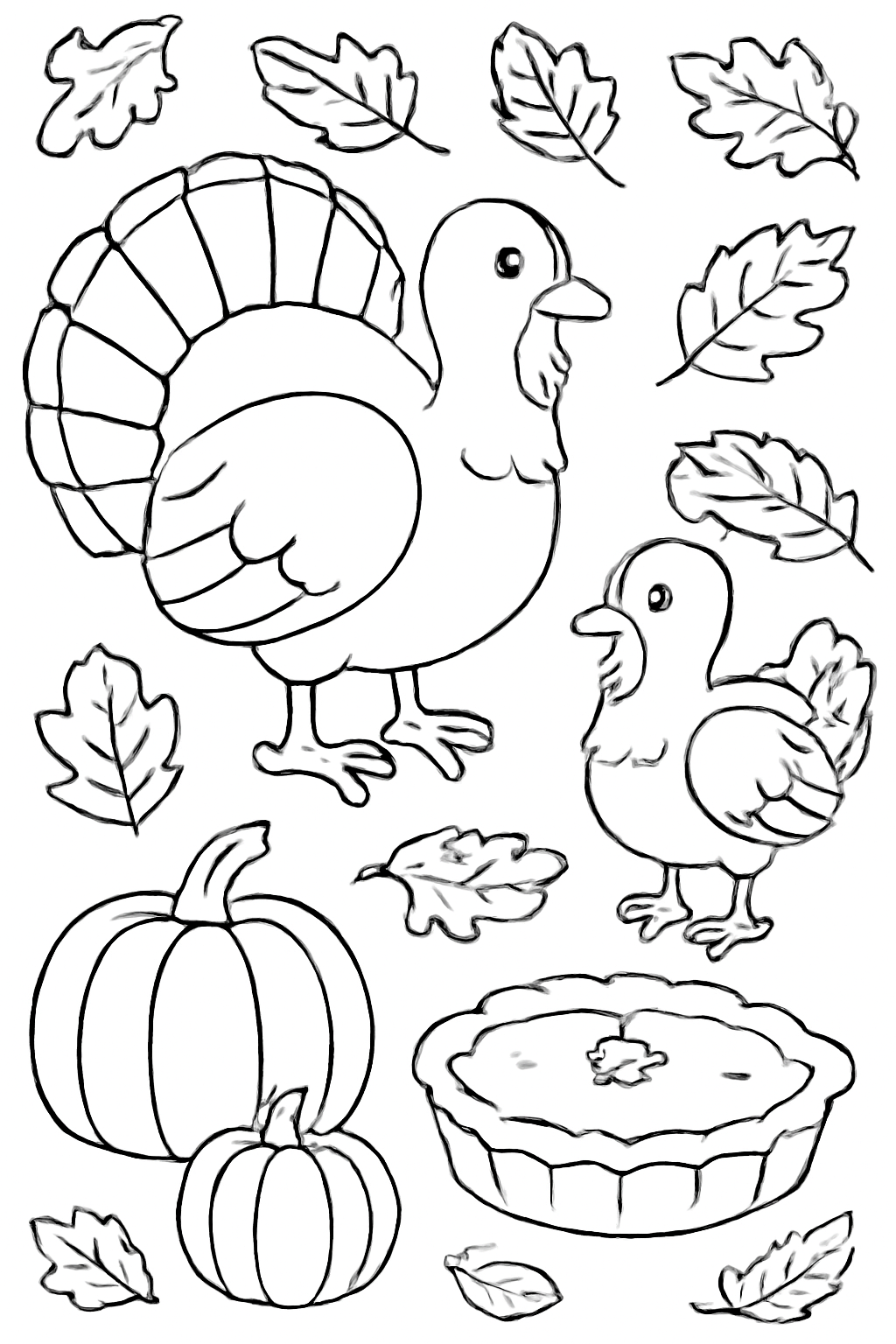 Free printable friendly turkeys pumpkins pies and autumn leaves for Thanksgiving coloring page