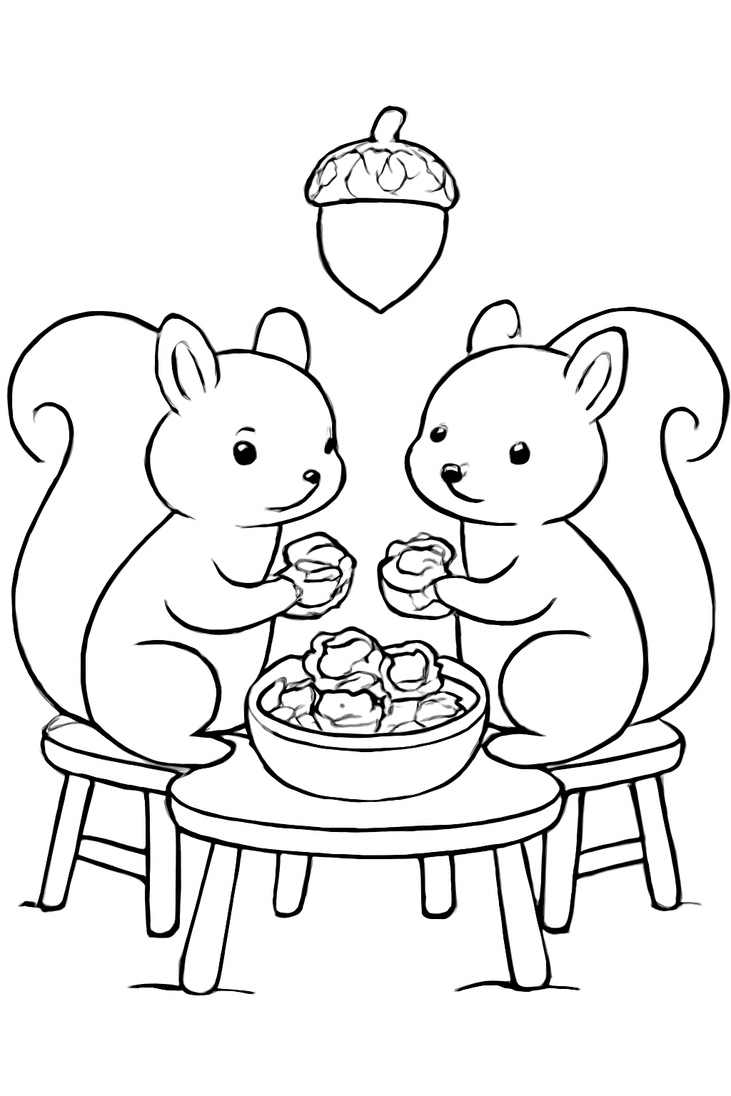 Free printable squirrels sharing acorns at a tiny Thanksgiving table coloring page for kids