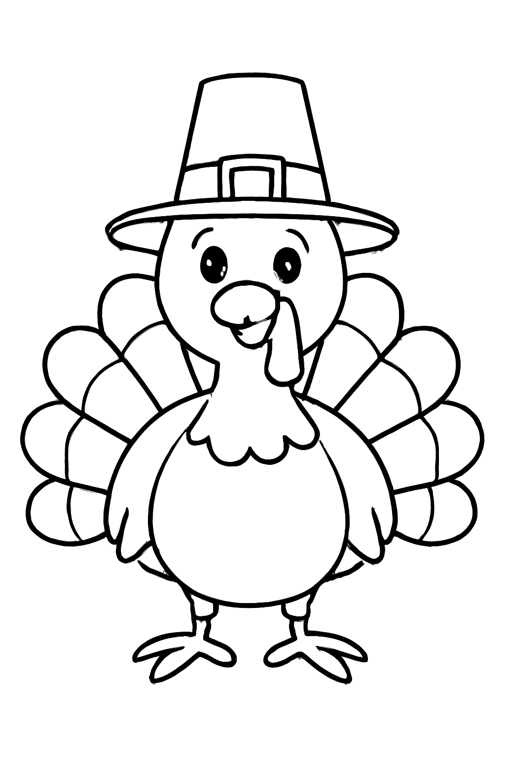 Free printable turkey wearing a pilgrim hat for Thanksgiving coloring page for kids
