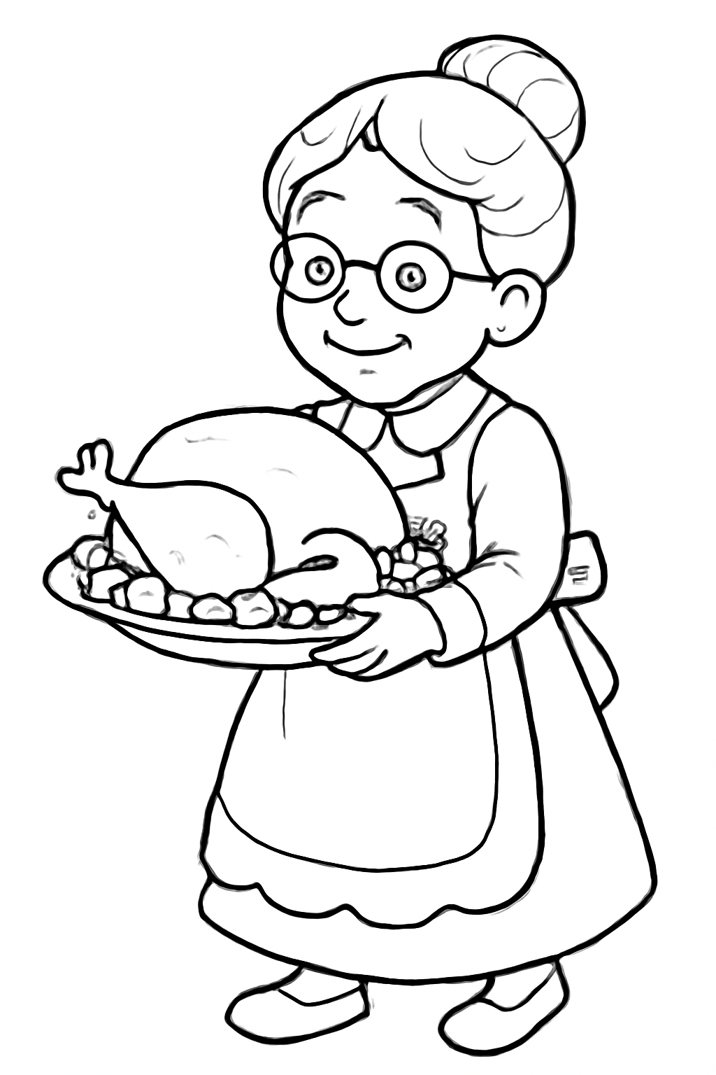 Free printable grandmother carrying the Thanksgiving turkey platter coloring page for kids