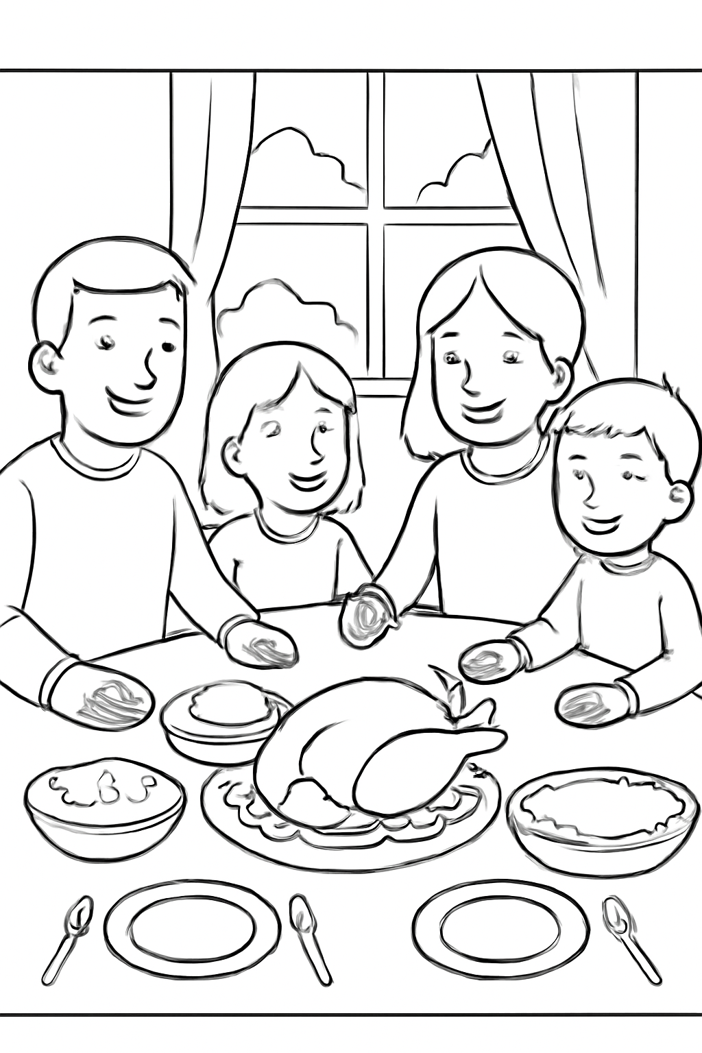 Free printable family holding hands around a Thanksgiving table coloring page for kids