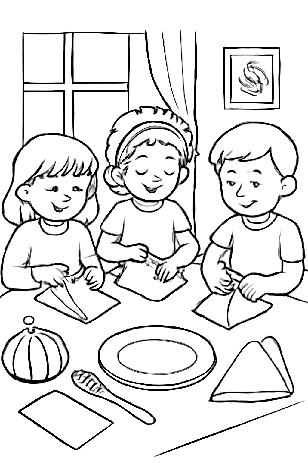 Free printable children folding napkins for the Thanksgiving table coloring page for kids