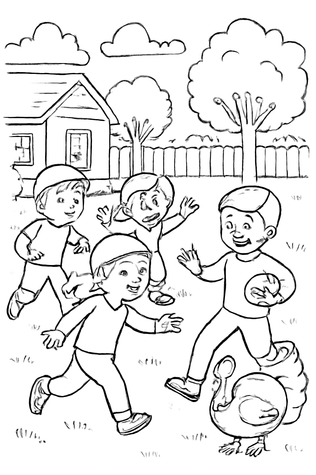 Free printable Thanksgiving football game in the backyard coloring page for kids