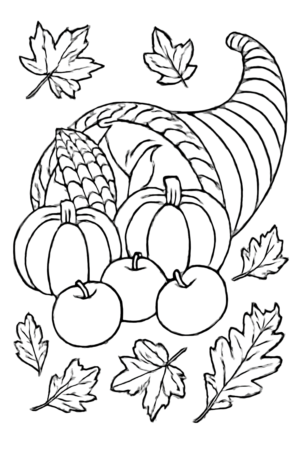 Free printable Thanksgiving cornucopia with pumpkins corn apples and autumn leaves coloring page