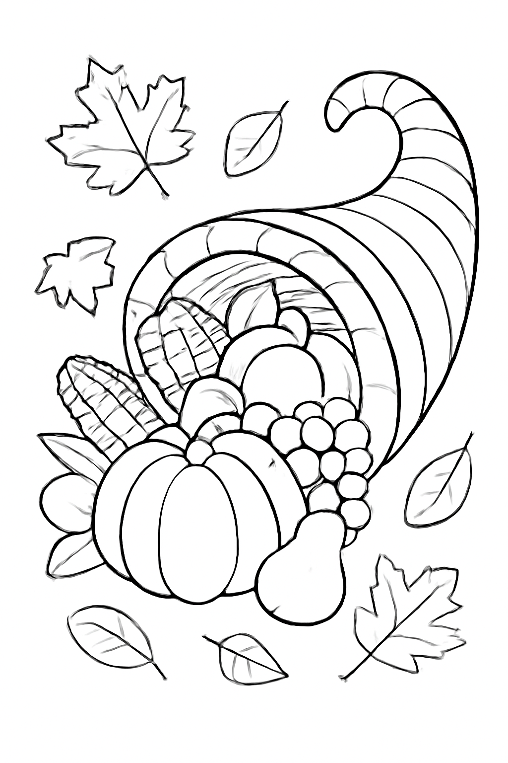 Free printable Thanksgiving cornucopia spilling with autumn harvest coloring page for kids
