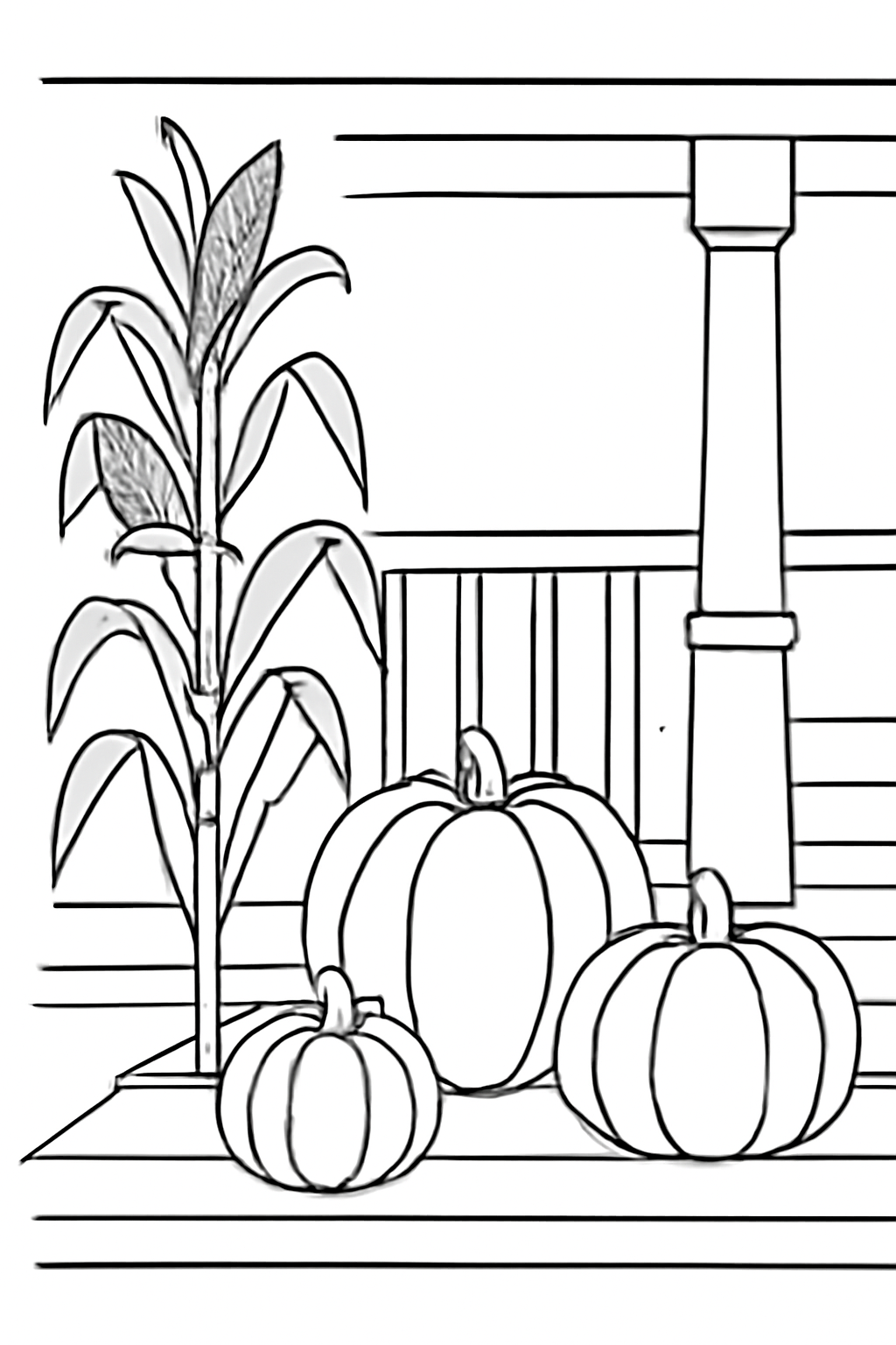 Free printable corn stalks and pumpkins on a Thanksgiving porch coloring page for kids