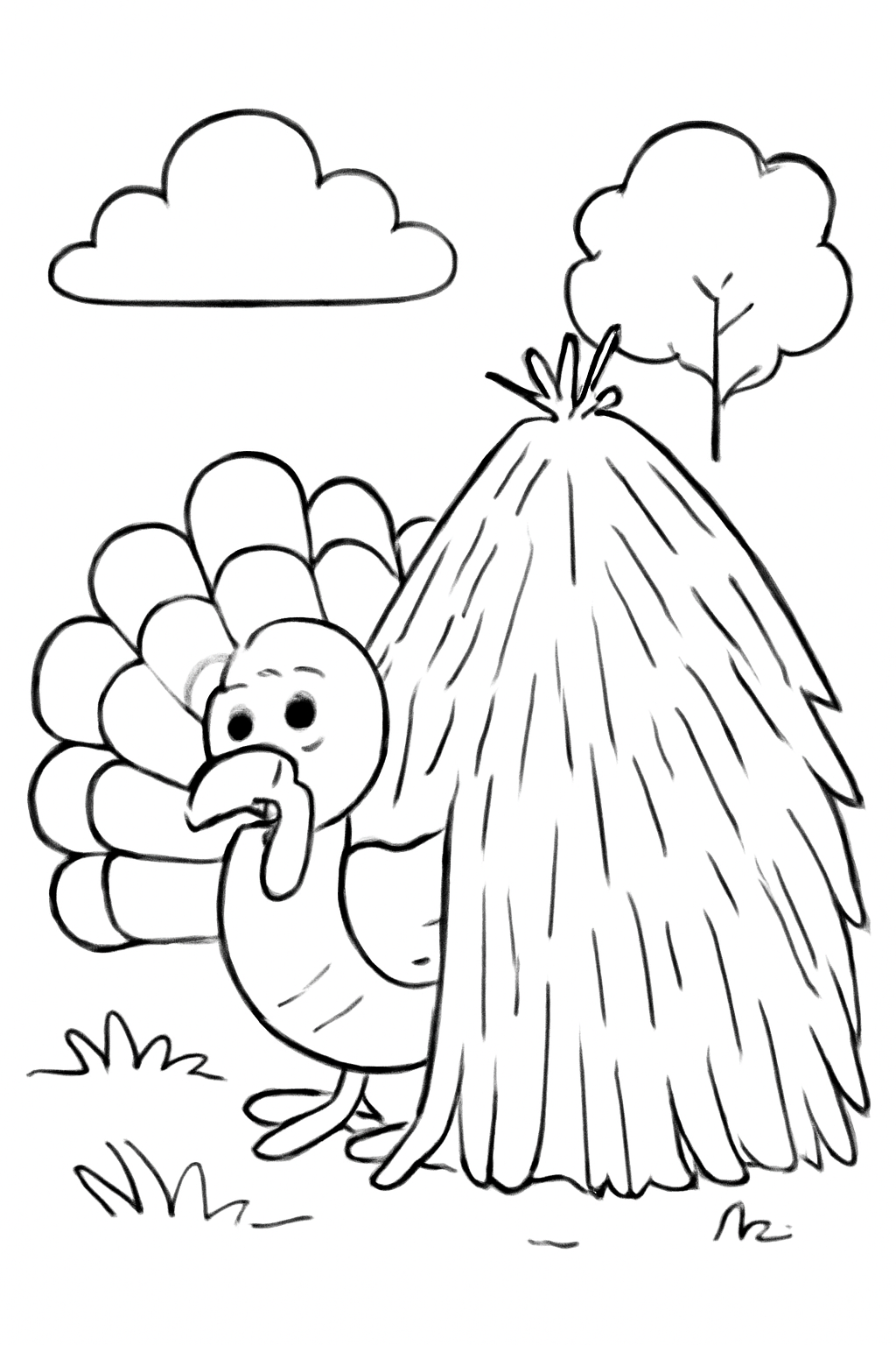 Free printable Thanksgiving turkey hiding behind a haystack coloring page for kids