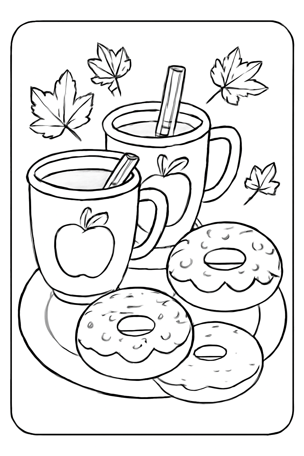 Free printable Thanksgiving apple cider mugs and donuts coloring page for kids