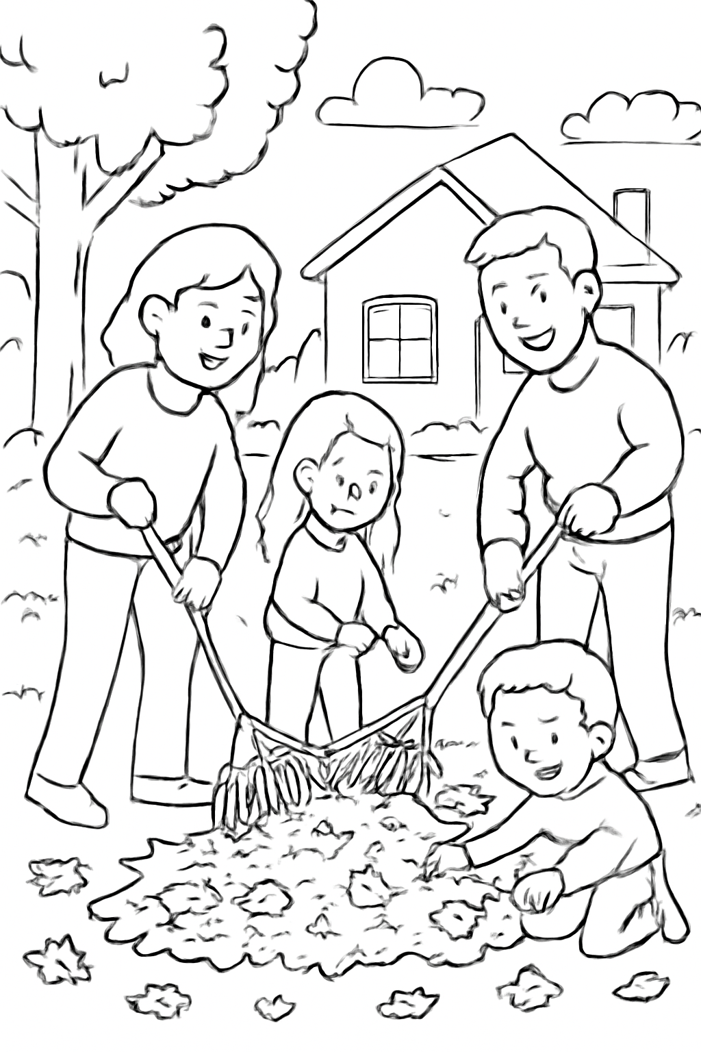 Free printable family raking leaves before Thanksgiving dinner coloring page for kids