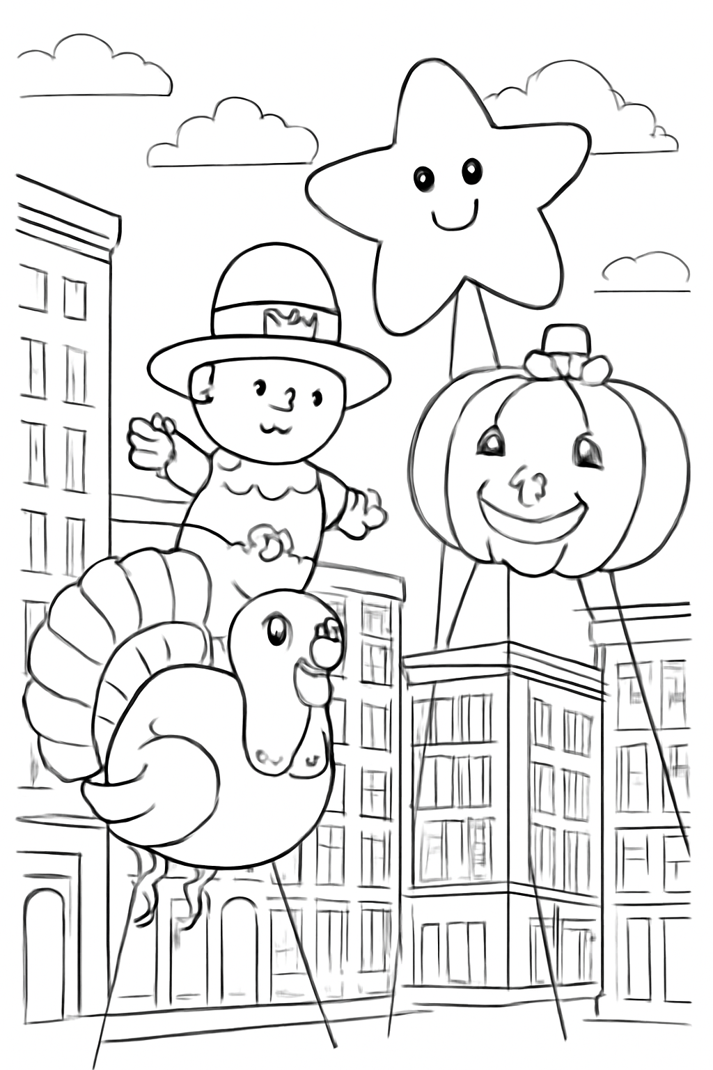 Free printable Thanksgiving parade balloons floating past buildings coloring page for kids