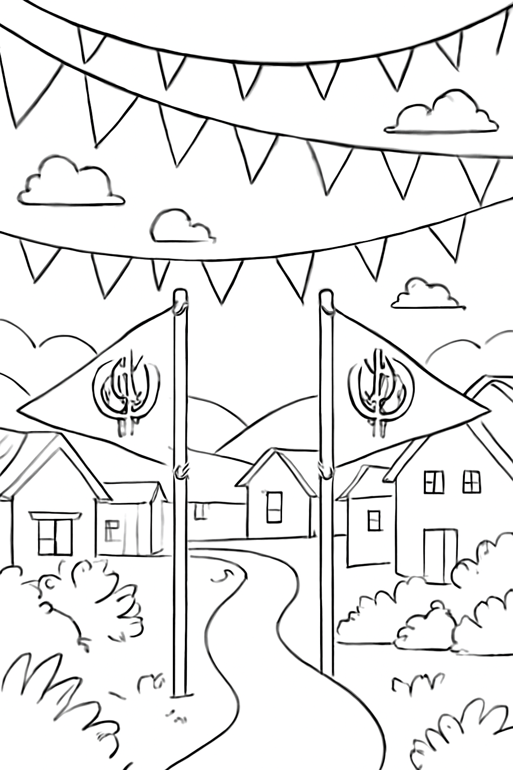 Free printable Vaisakhi flags and bunting over a village lane coloring page for kids