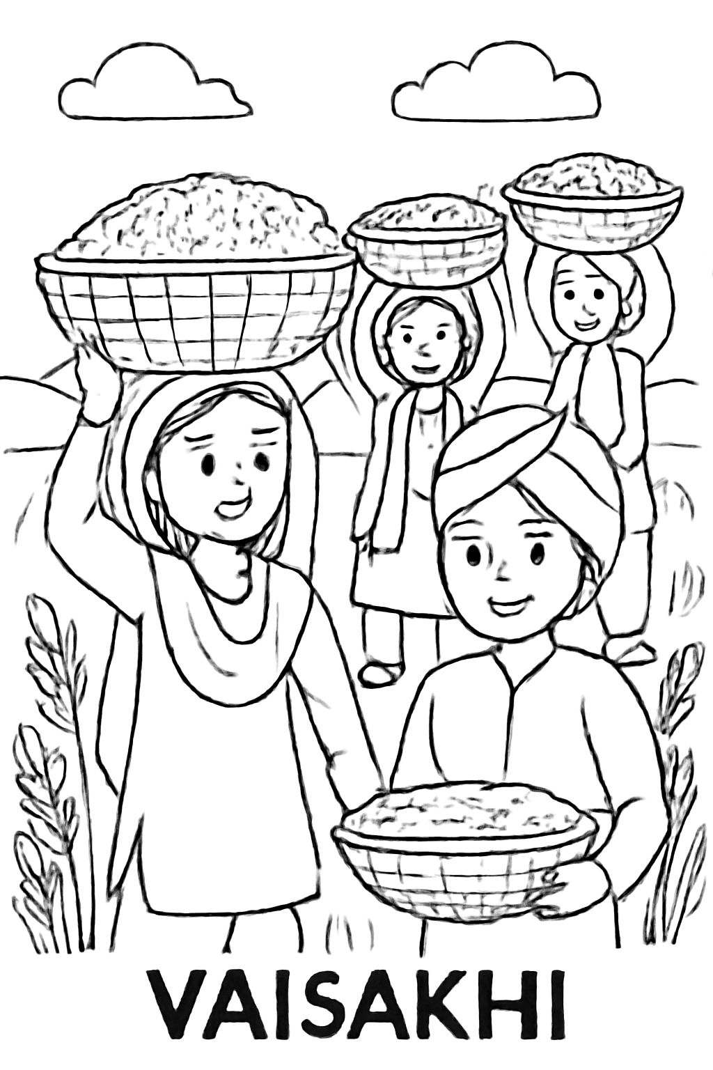 Free printable children carrying grain baskets for Vaisakhi coloring page for kids
