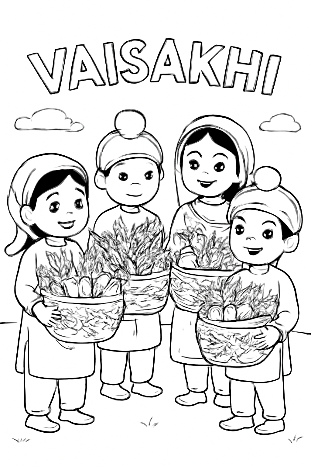 Free printable children carrying decorated harvest baskets for Vaisakhi coloring page
