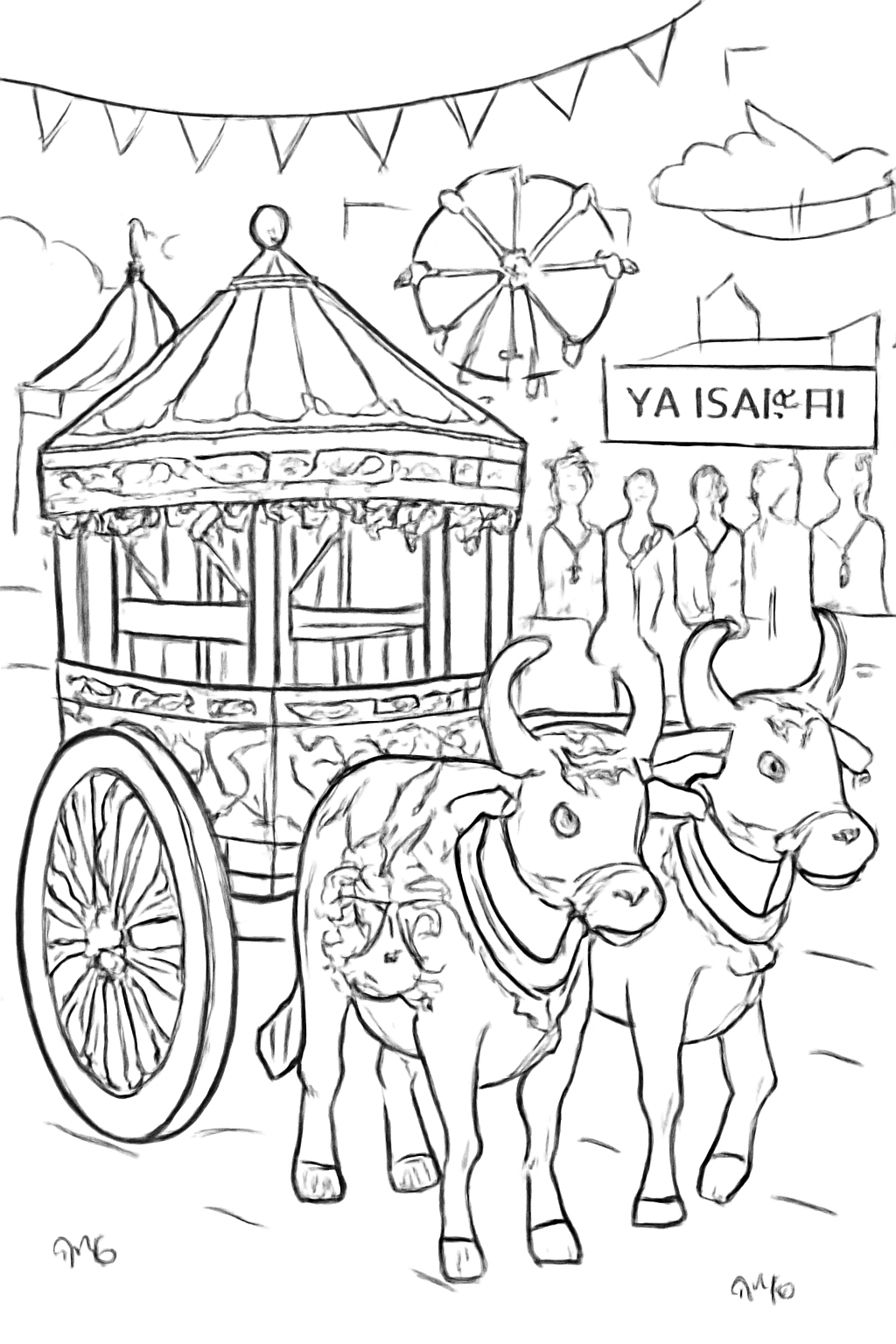 Free printable decorated ox cart at a Vaisakhi fair coloring page for kids