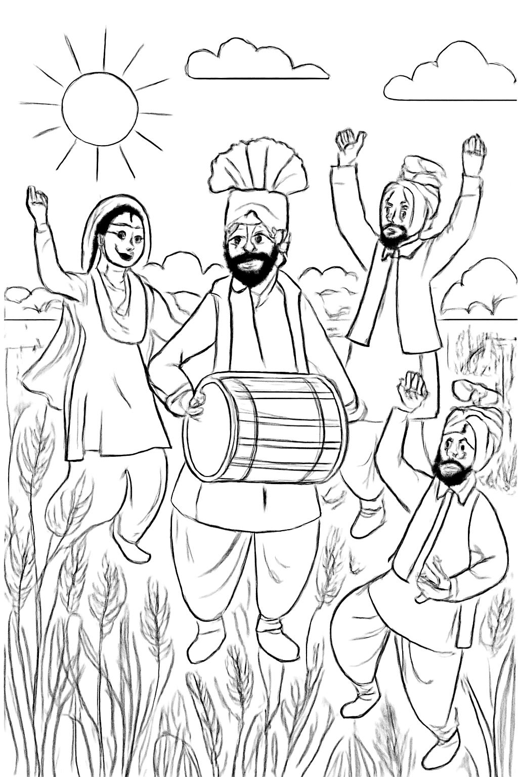 Free printable Vaisakhi festival scene with dhol dancers and wheat fields coloring page
