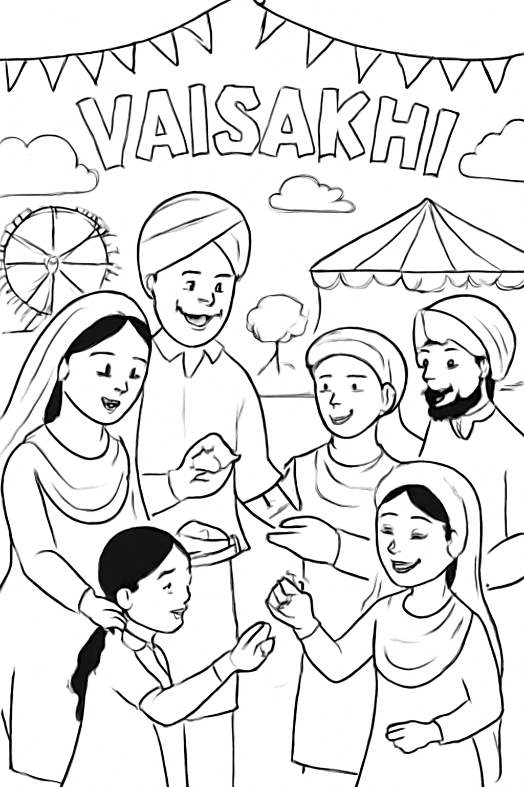 Free printable families sharing sweets at a Vaisakhi festival coloring page for kids