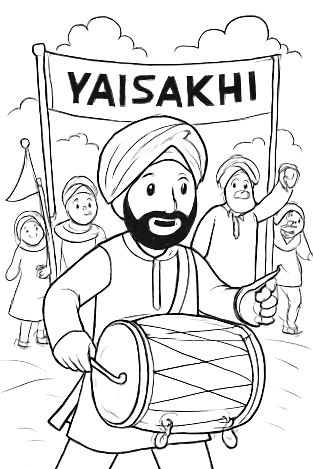 Free printable dhol drummer leading a Vaisakhi parade coloring page for kids