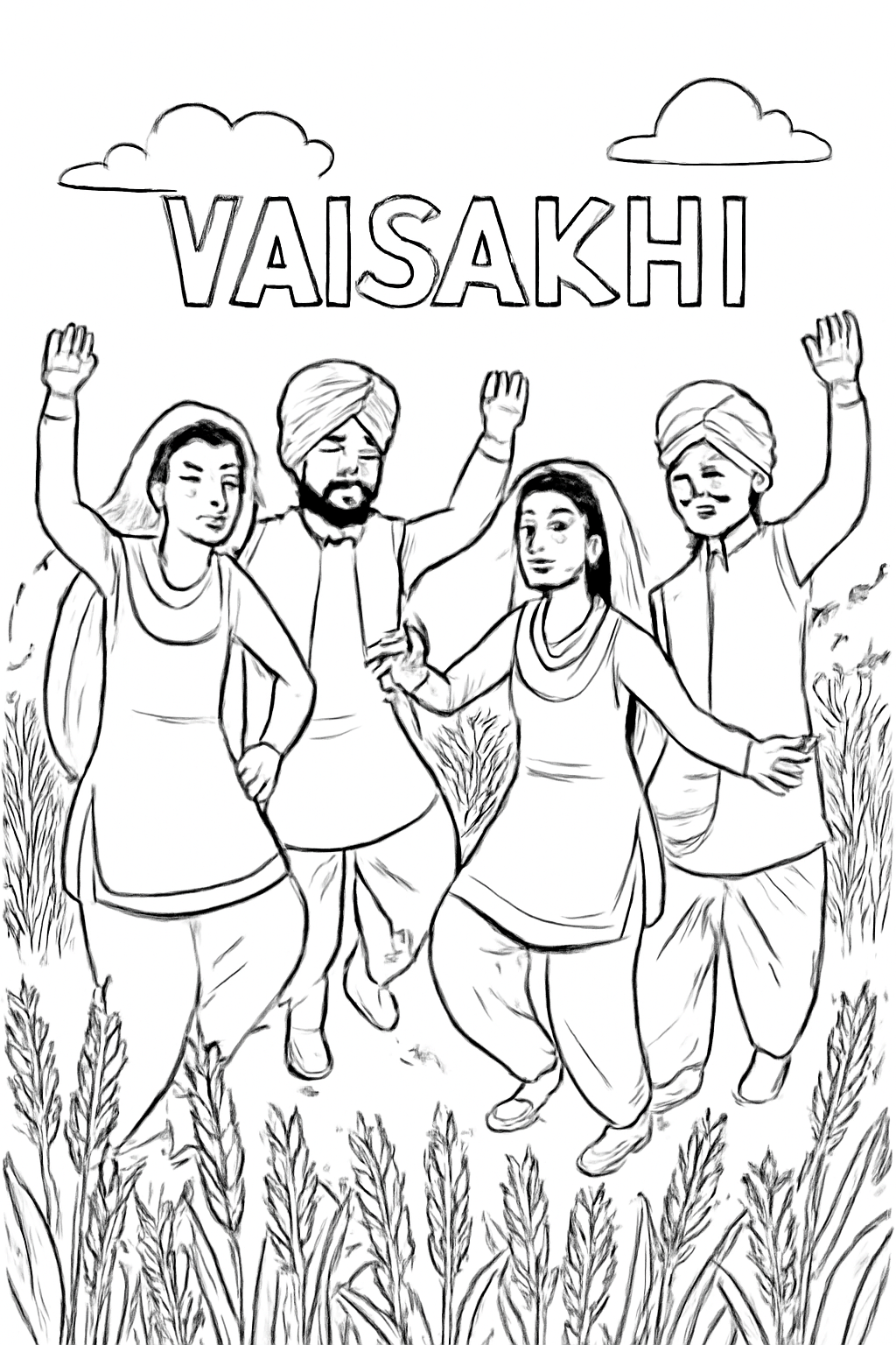 Free printable wheat harvest celebration dance for Vaisakhi coloring page for kids