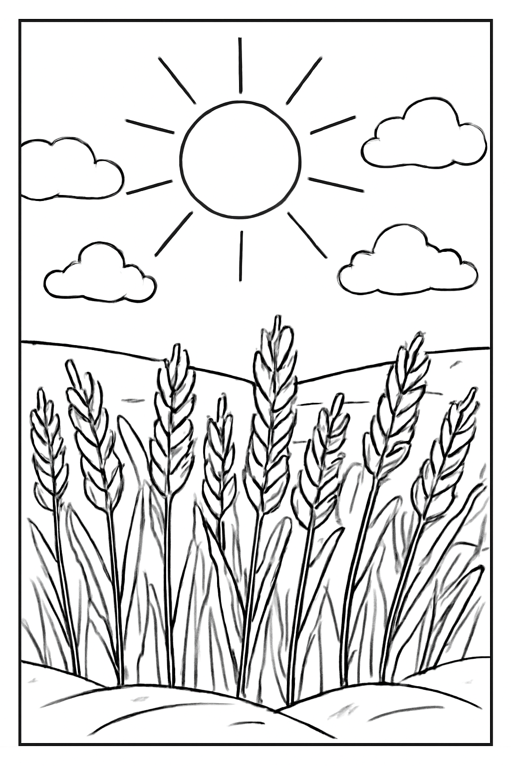 Free printable Vaisakhi morning sun over ripe wheat fields coloring page for kids