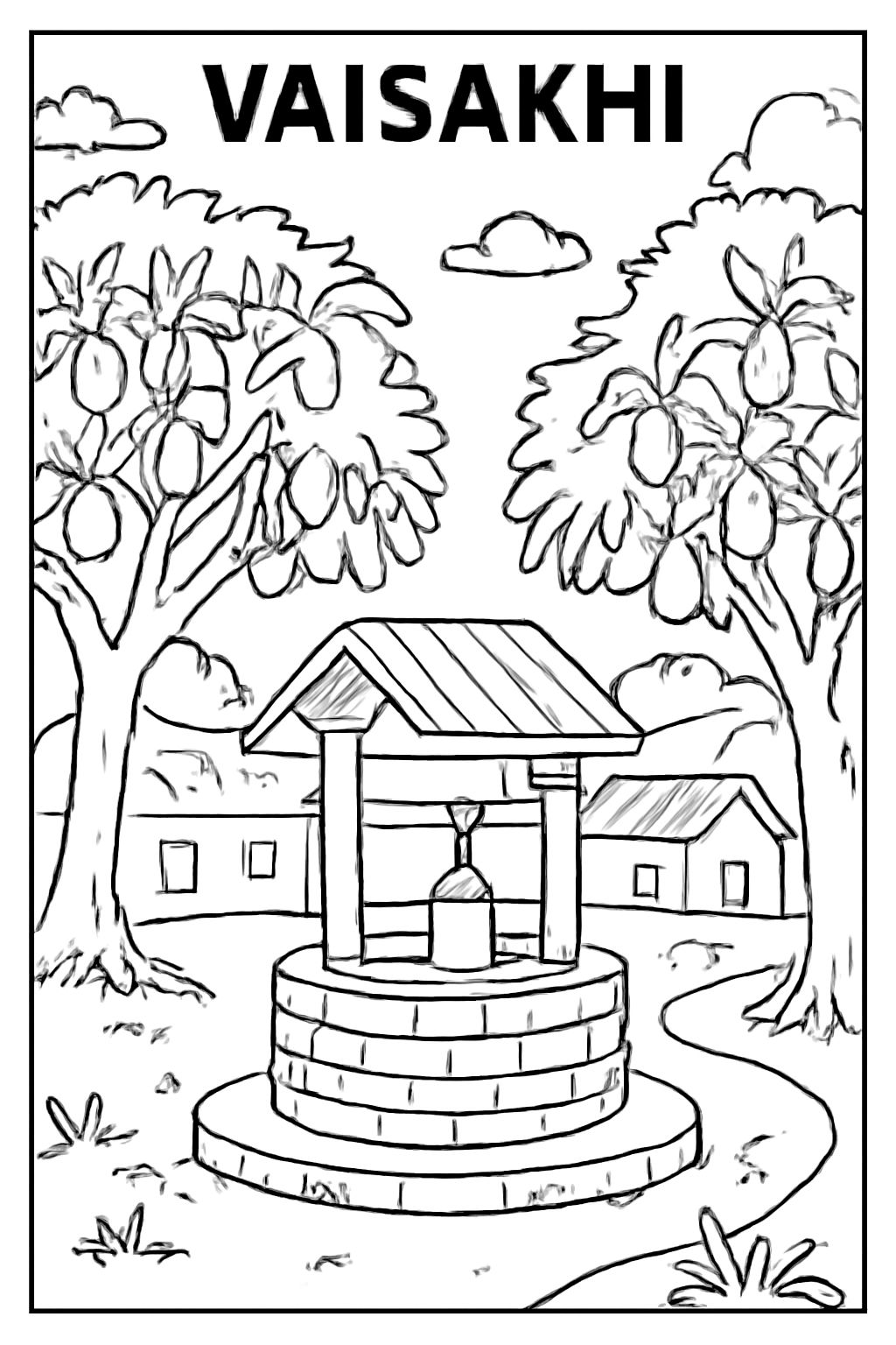 Free printable Vaisakhi village scene with a well and mango trees coloring page for kids