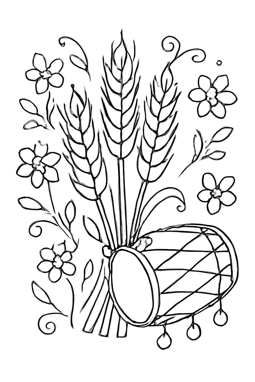 Free printable decorative Vaisakhi wheat sheaves flowers and traditional drum coloring page