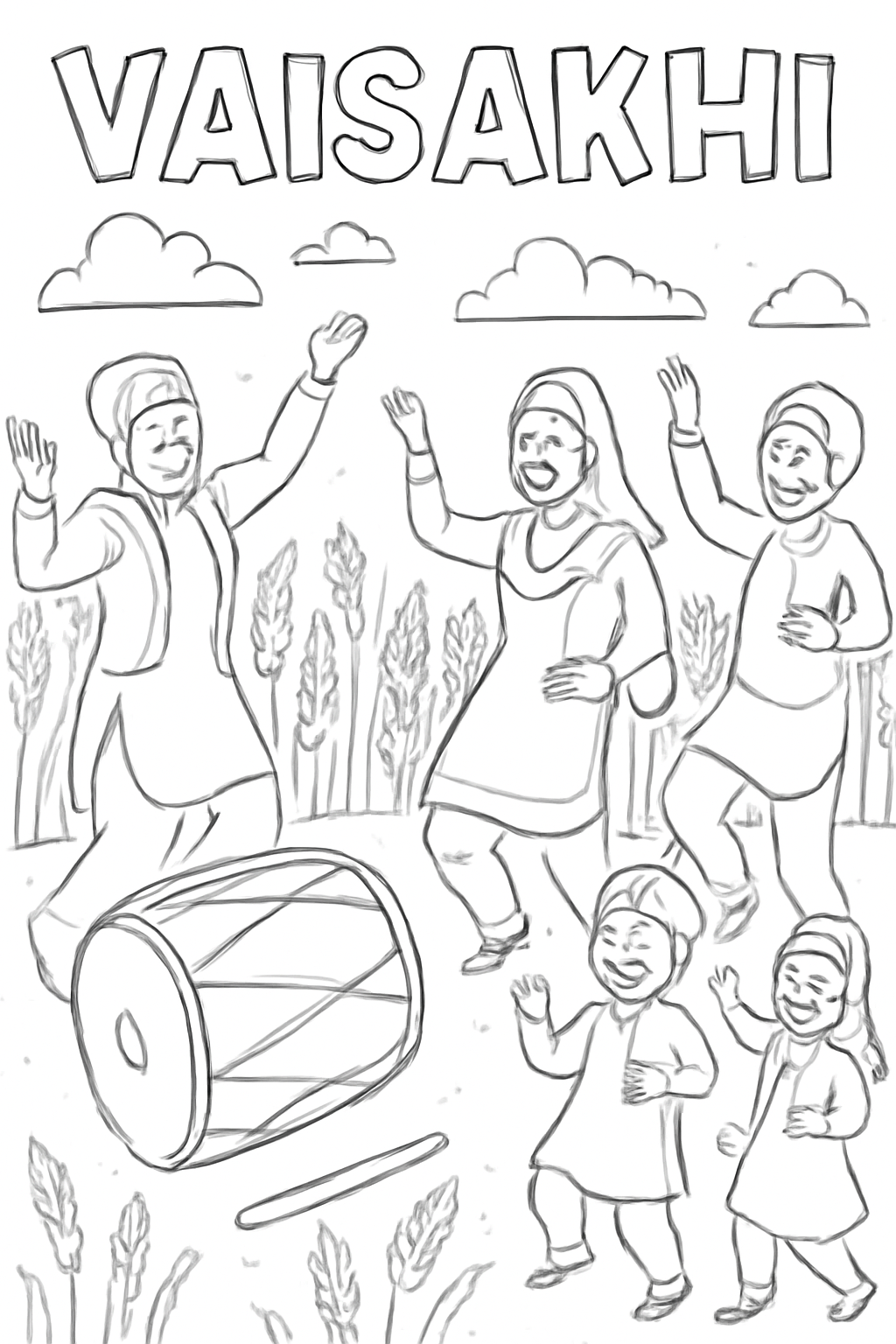Free printable Vaisakhi harvest celebration with wheat dhol drum and dancing families coloring page