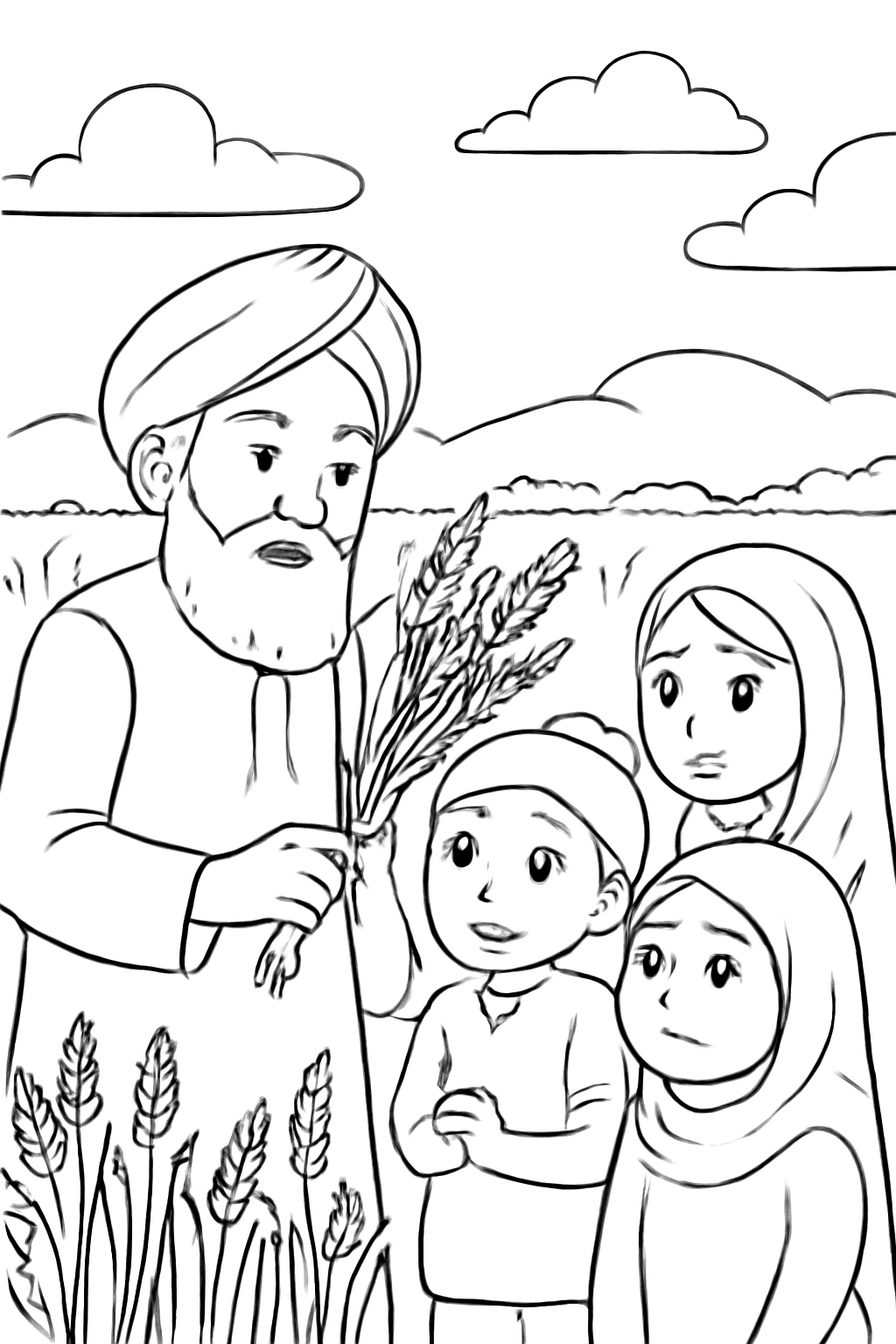 Free printable grandfather showing children wheat stalks on Vaisakhi coloring page for kids