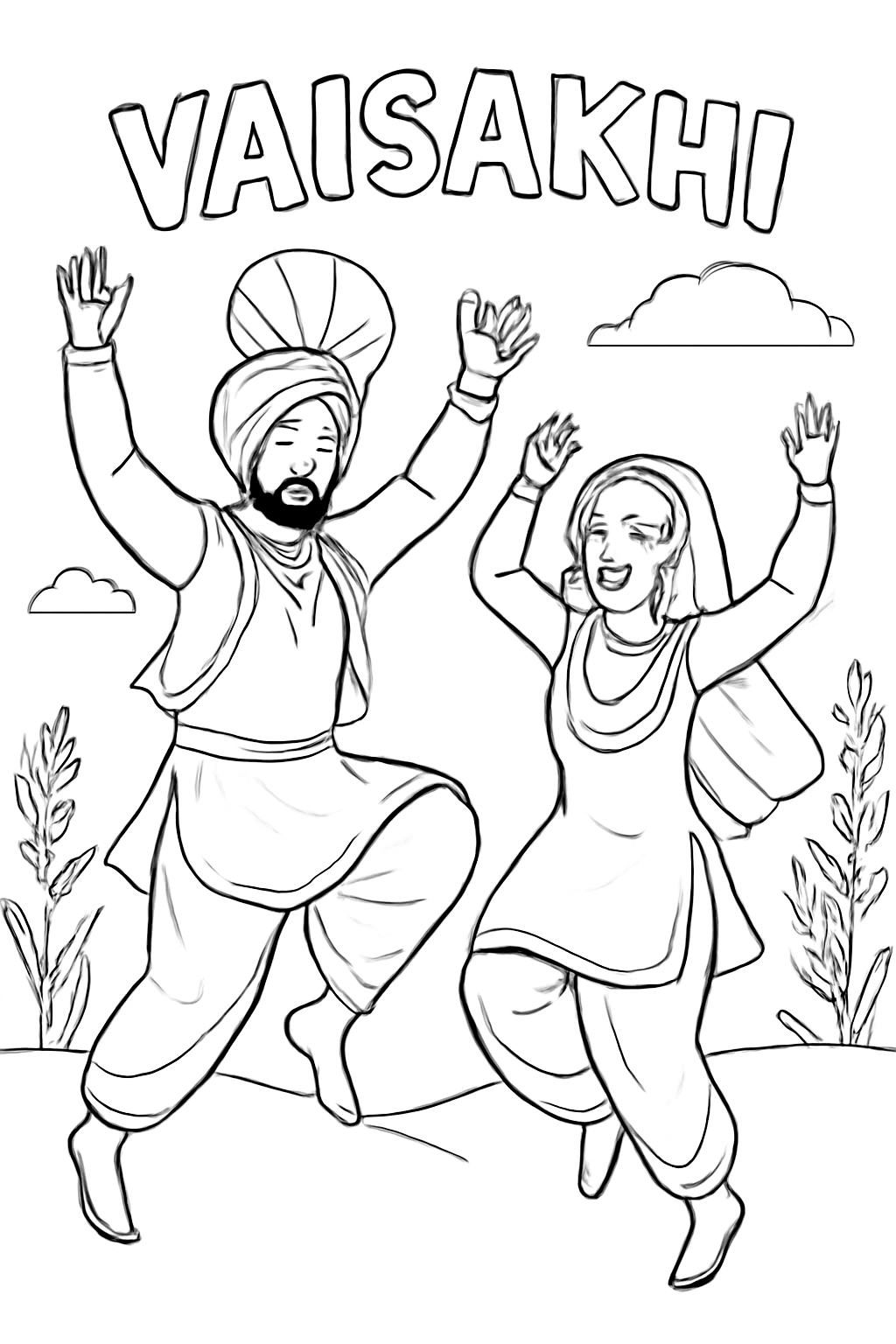 Free printable bhangra dancers leaping at Vaisakhi coloring page for kids