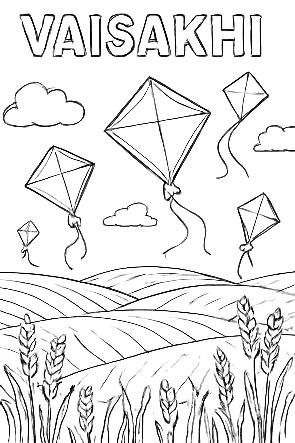 Free printable Vaisakhi kites flying over golden fields coloring page for kids