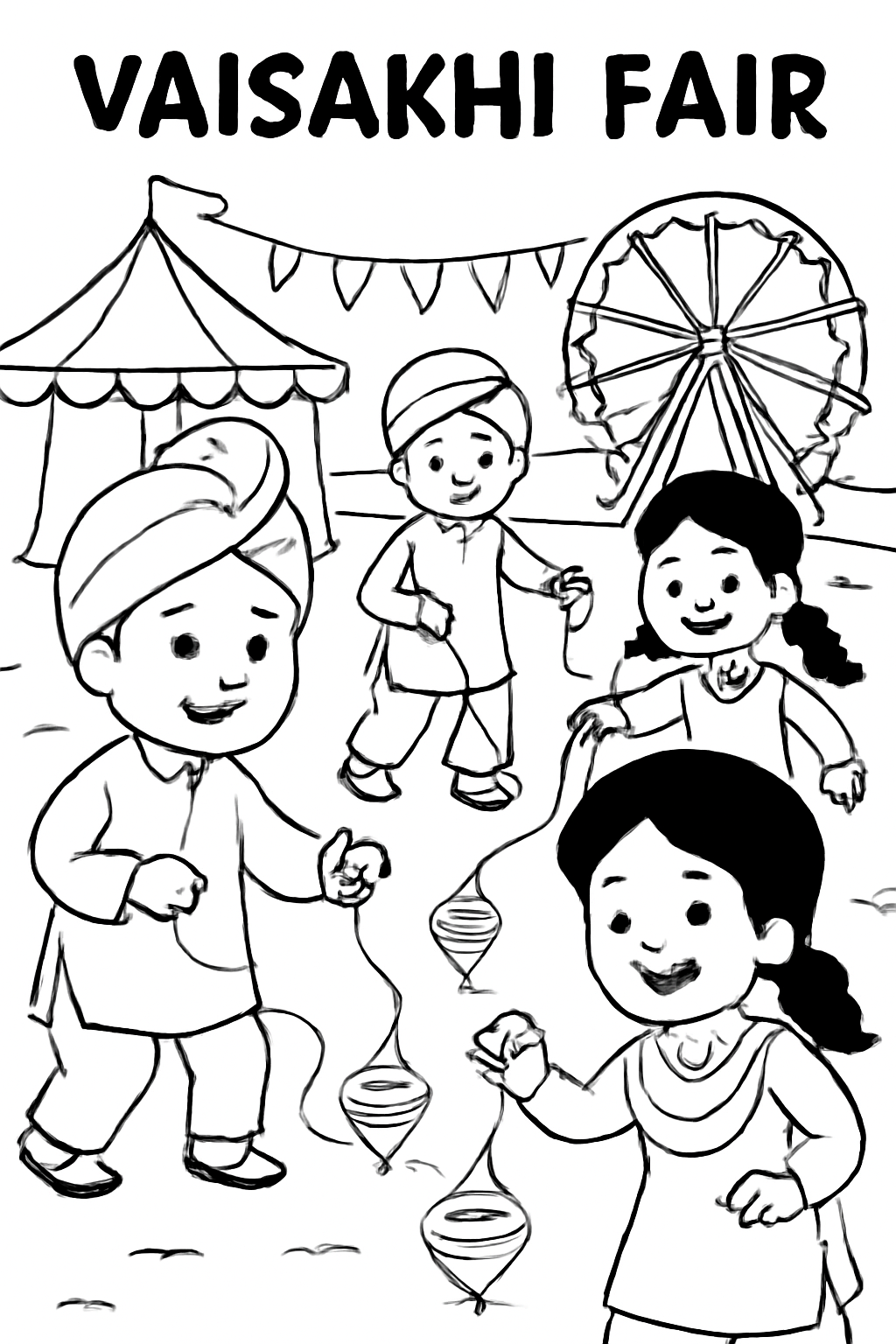 Free printable children spinning tops at a Vaisakhi fair coloring page for kids