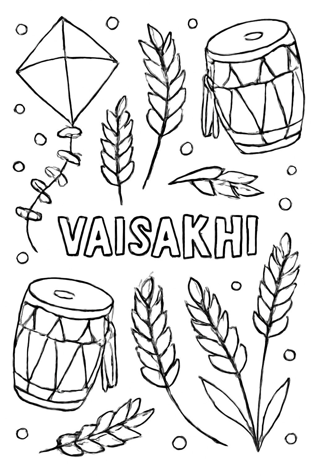 Free printable Vaisakhi pattern of wheat kites and drums coloring page for kids