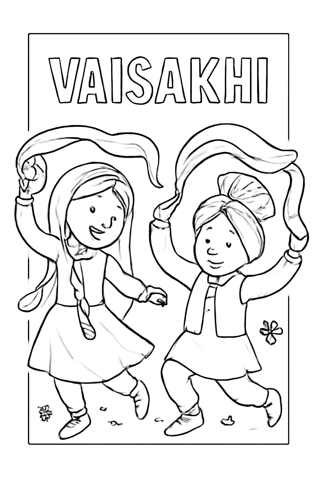 Free printable folk dancers twirling scarves for Vaisakhi coloring page for kids