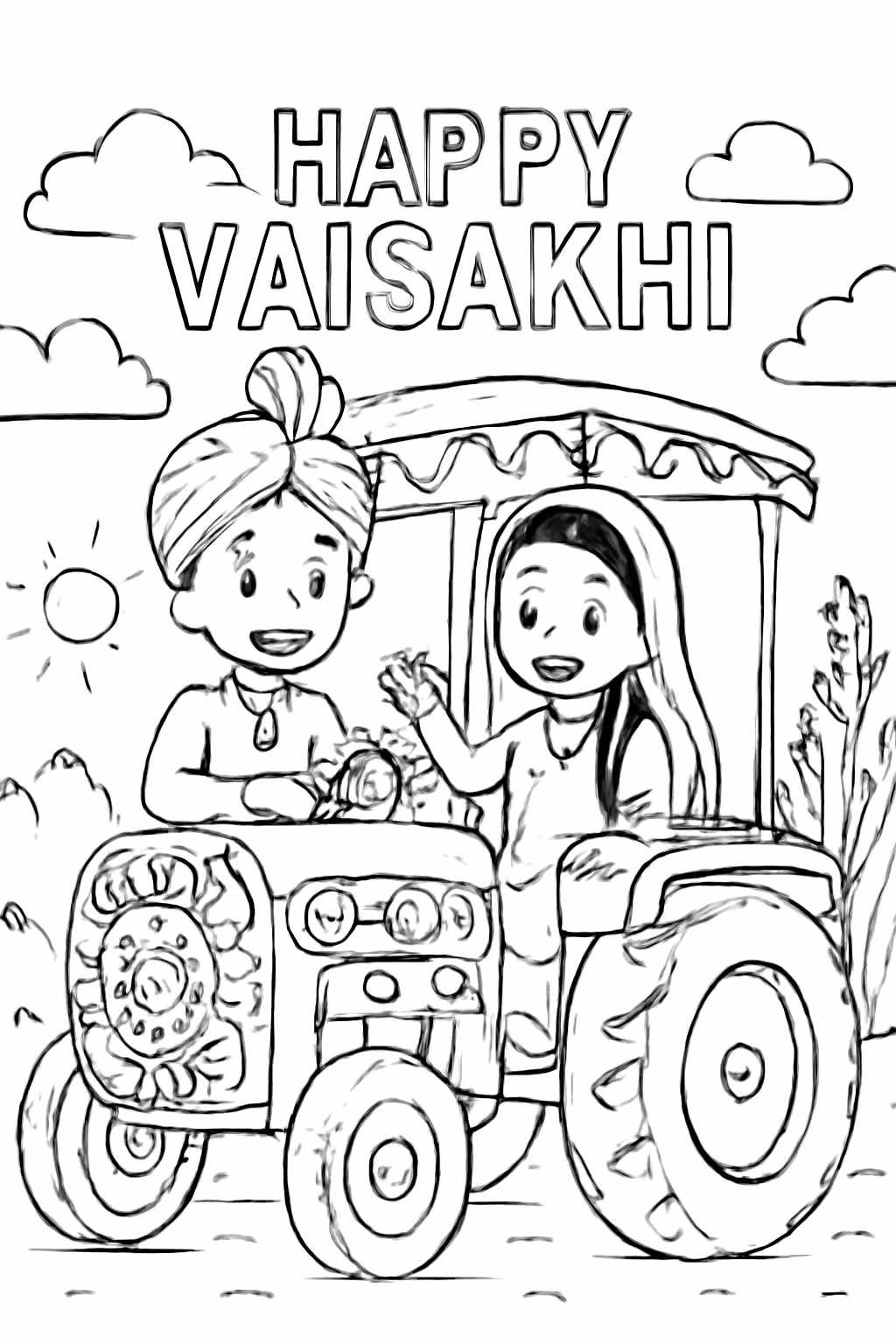 Free printable children riding a decorated tractor for Vaisakhi coloring page for kids