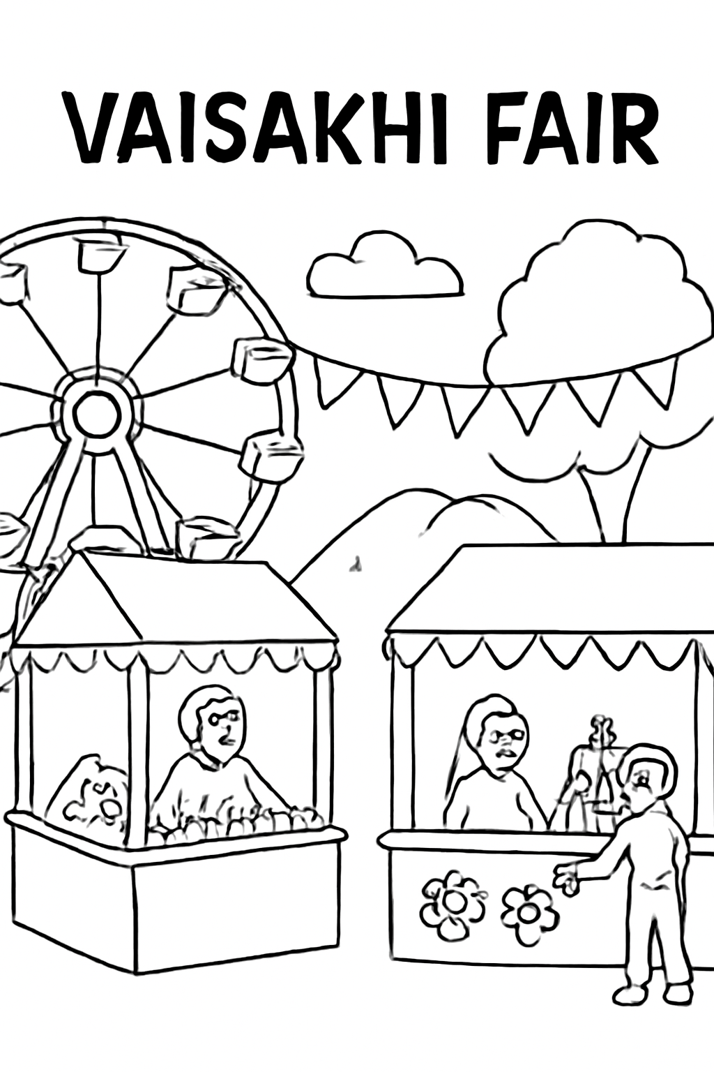 Free printable Vaisakhi fair with a ferris wheel and stalls coloring page for kids