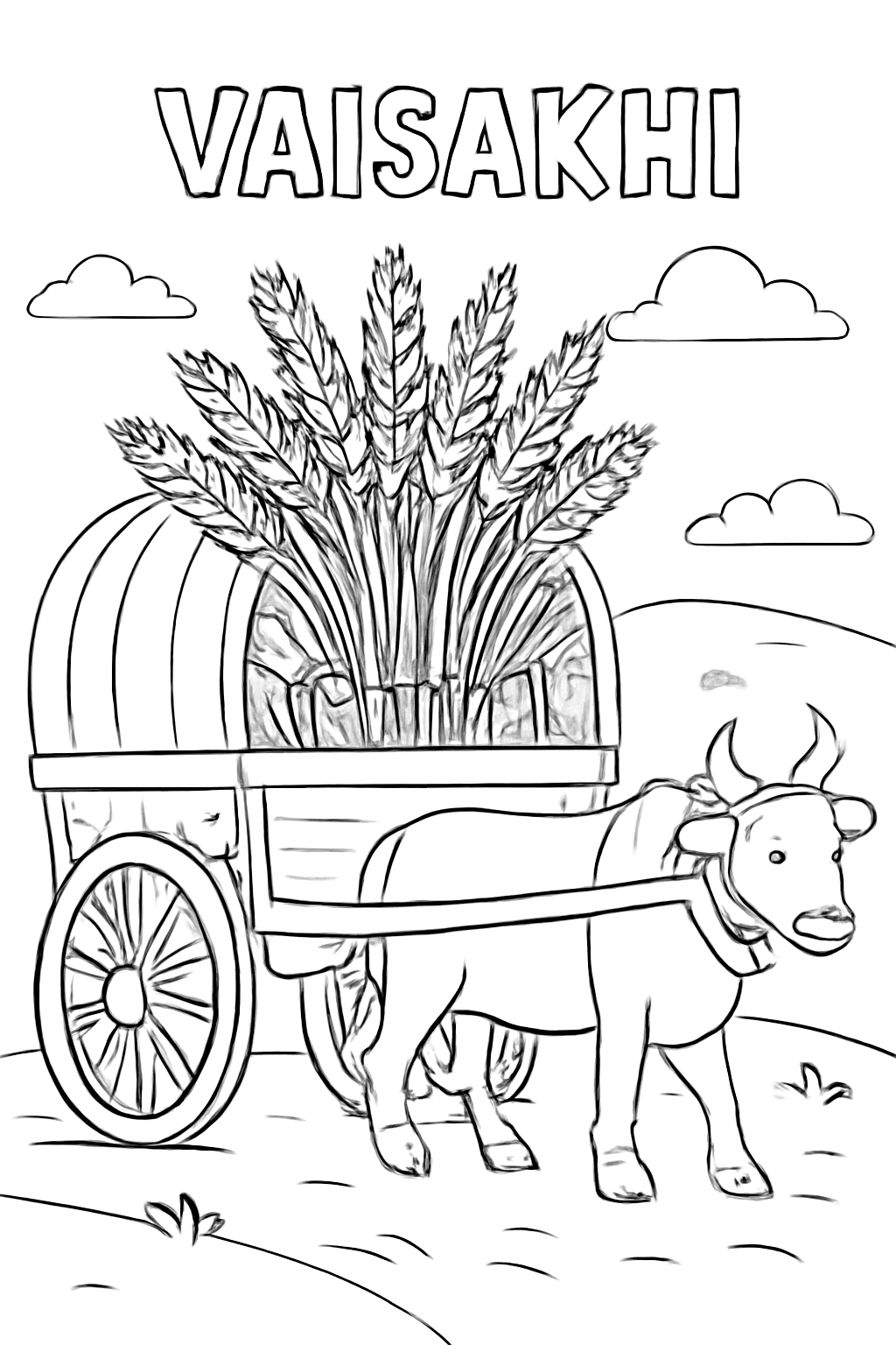 Free printable Vaisakhi harvest wagon loaded with wheat coloring page for kids
