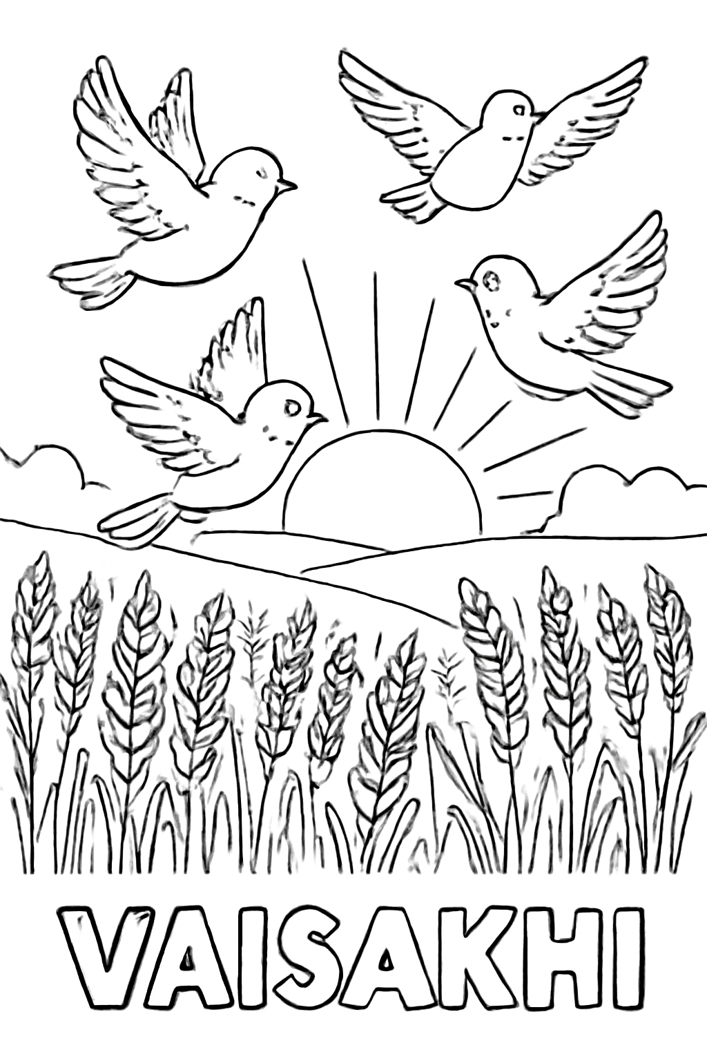 Free printable sparrows flying over a Vaisakhi wheat field at sunrise coloring page for kids