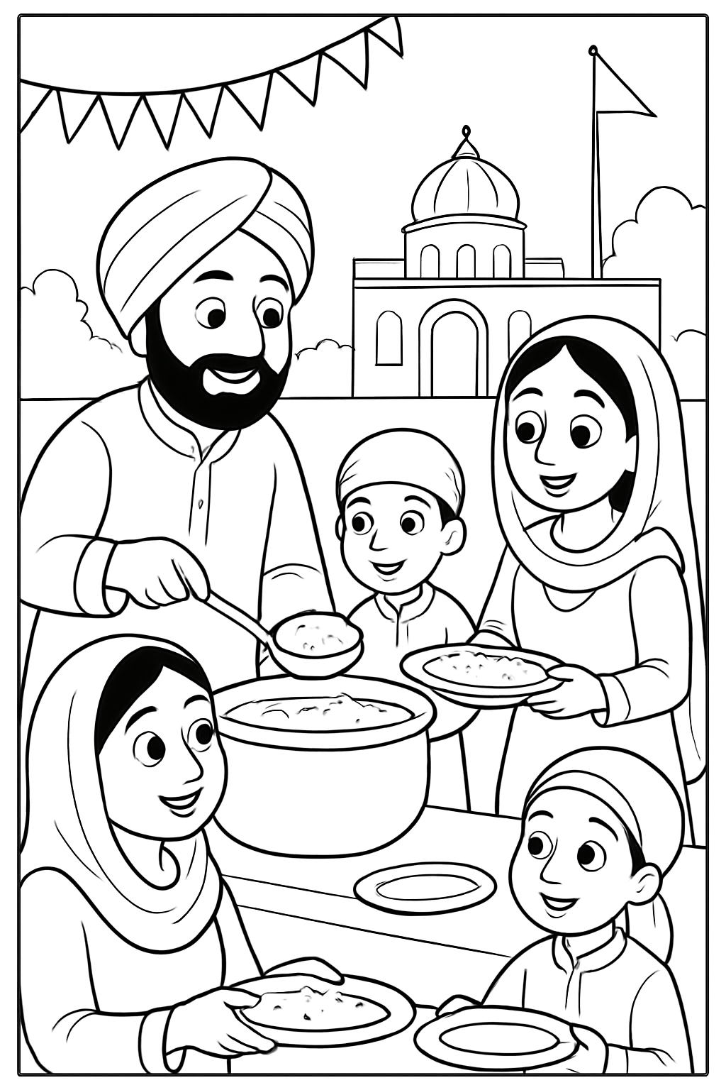 Free printable community meal being served for Vaisakhi coloring page for kids