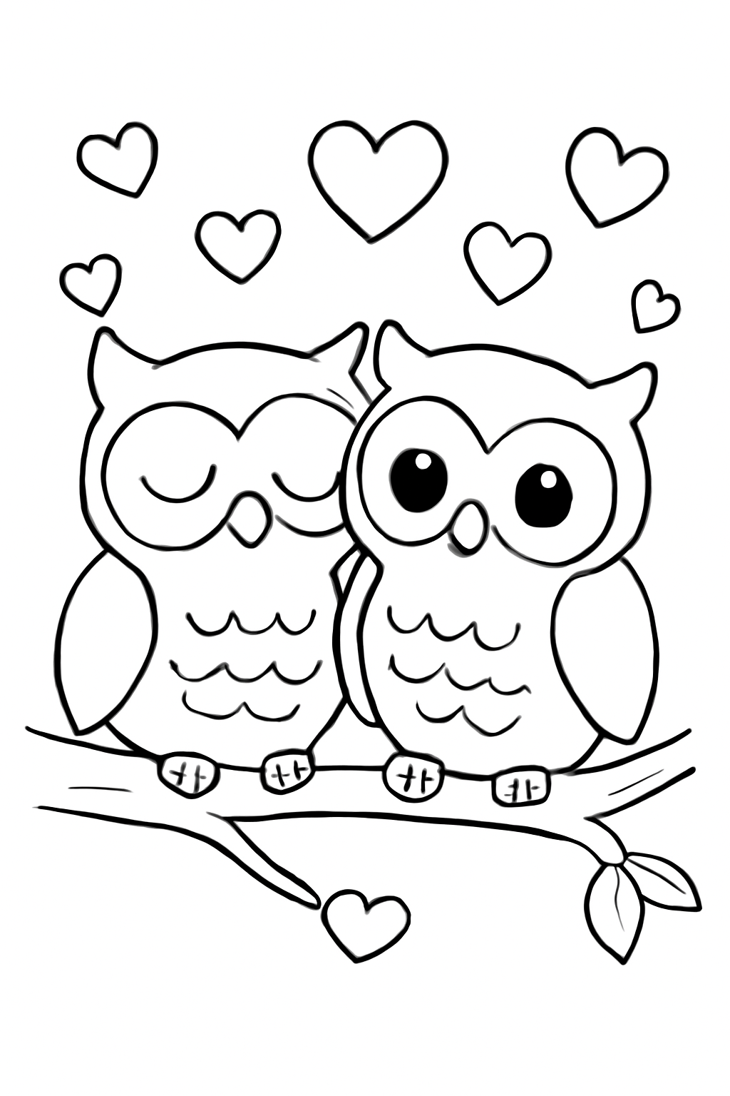 Free printable Valentine owl couple on a branch with hearts coloring page for kids