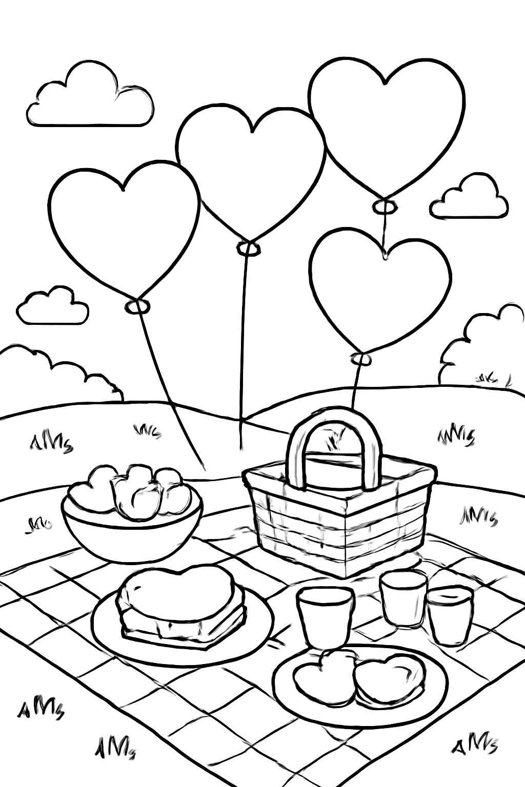 Free printable heart balloons floating over a Valentine picnic coloring page for kids