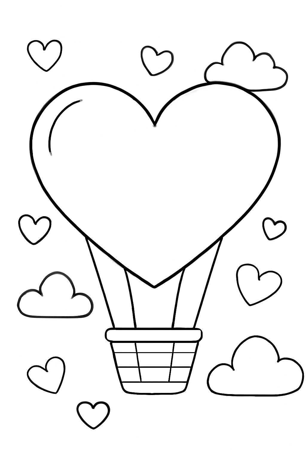 Free printable Valentine hot air balloon shaped like a heart coloring page for kids