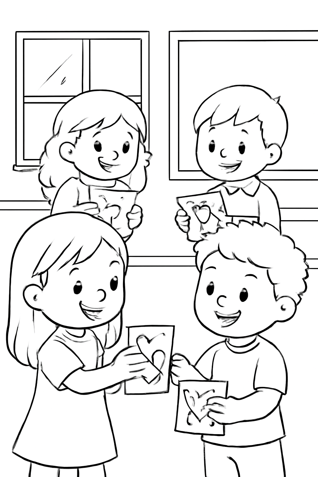 Free printable friends exchanging handmade Valentine cards at school coloring page