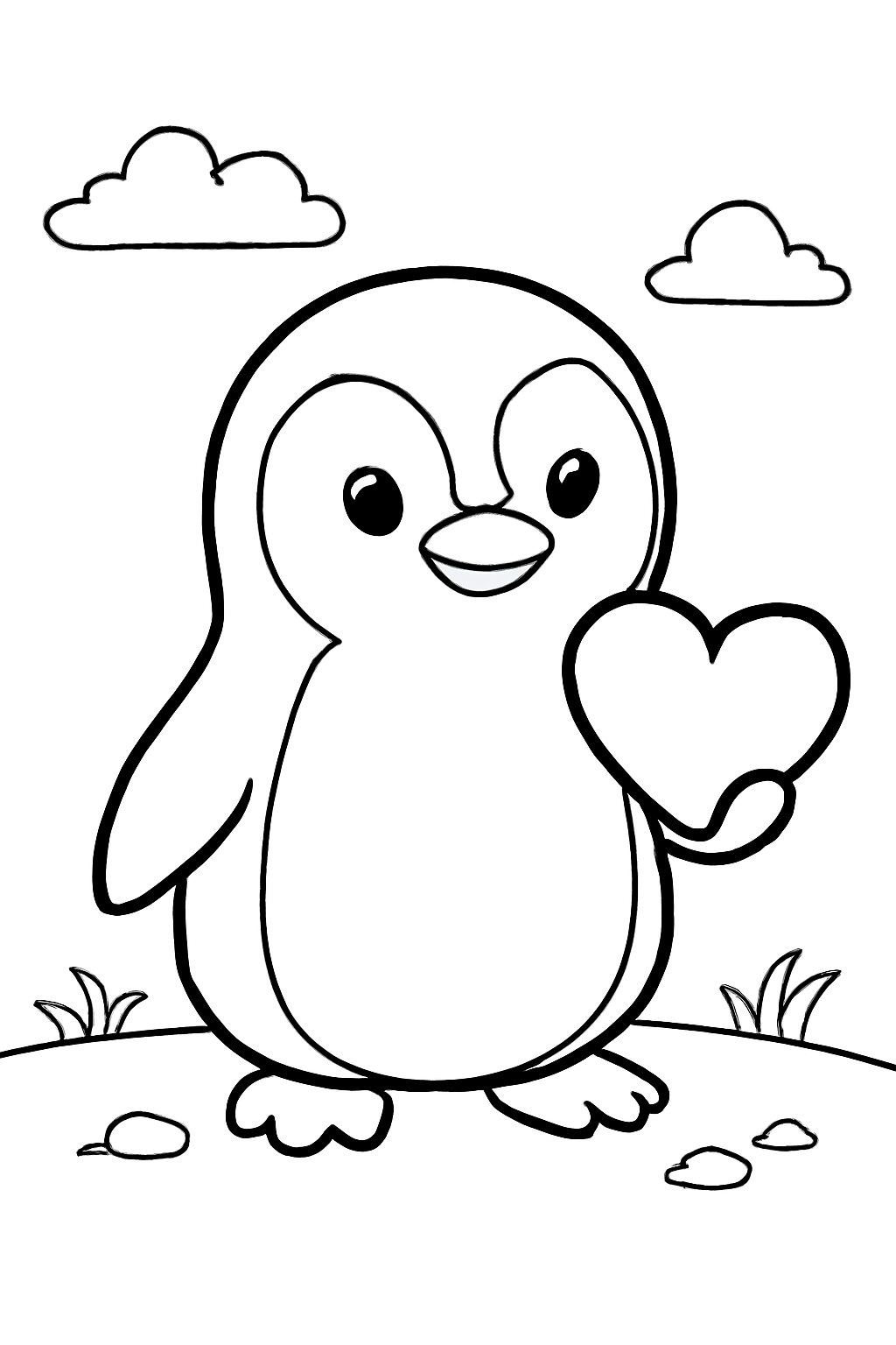 Free printable penguin giving a pebble as a Valentine gift coloring page for kids