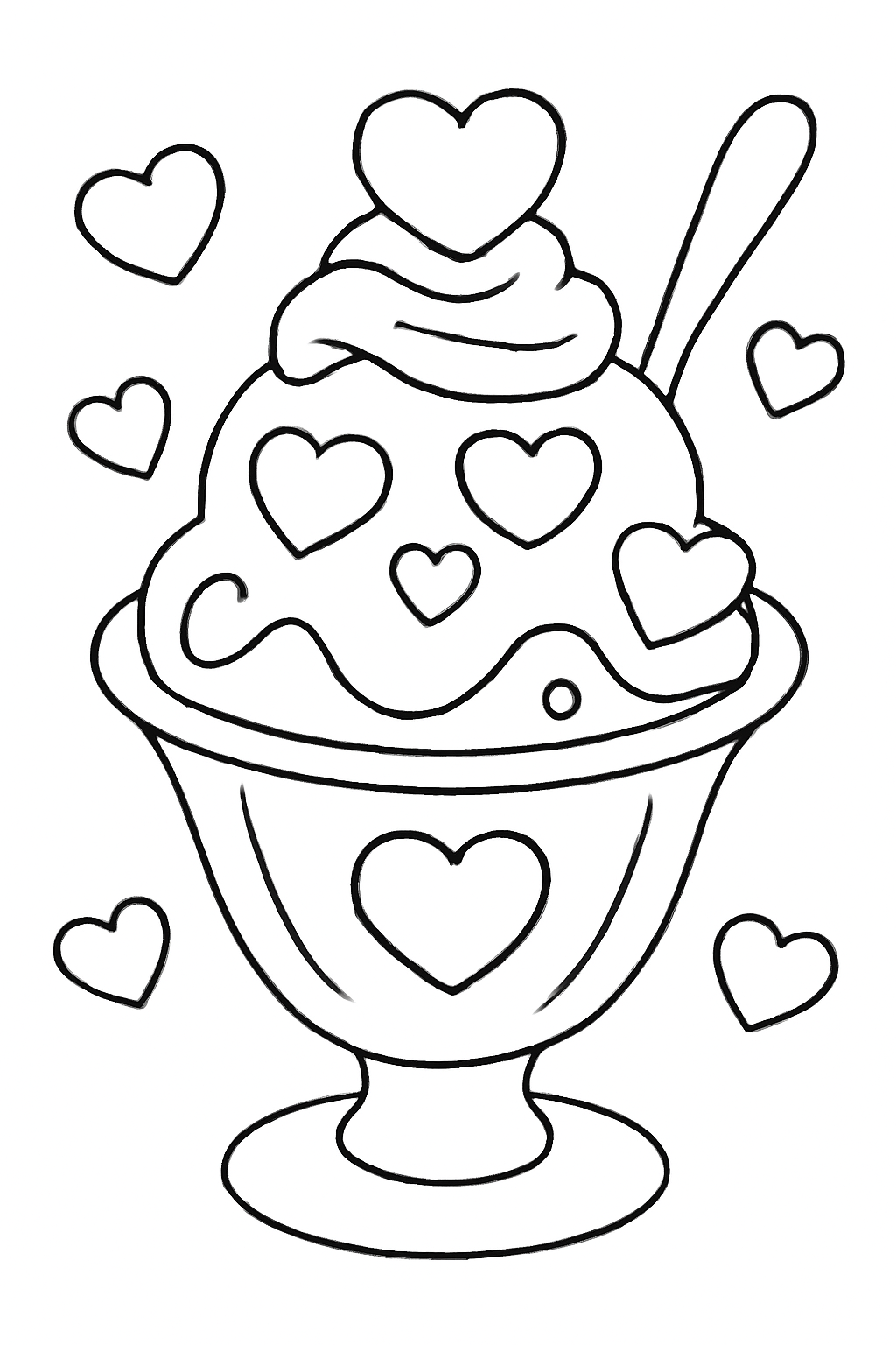 Free printable Valentine ice cream sundae with heart toppings coloring page for kids