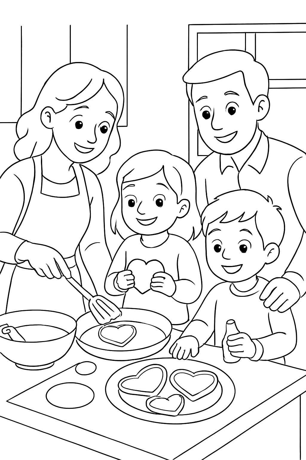 Free printable family making heart pancakes for Valentine breakfast coloring page for kids