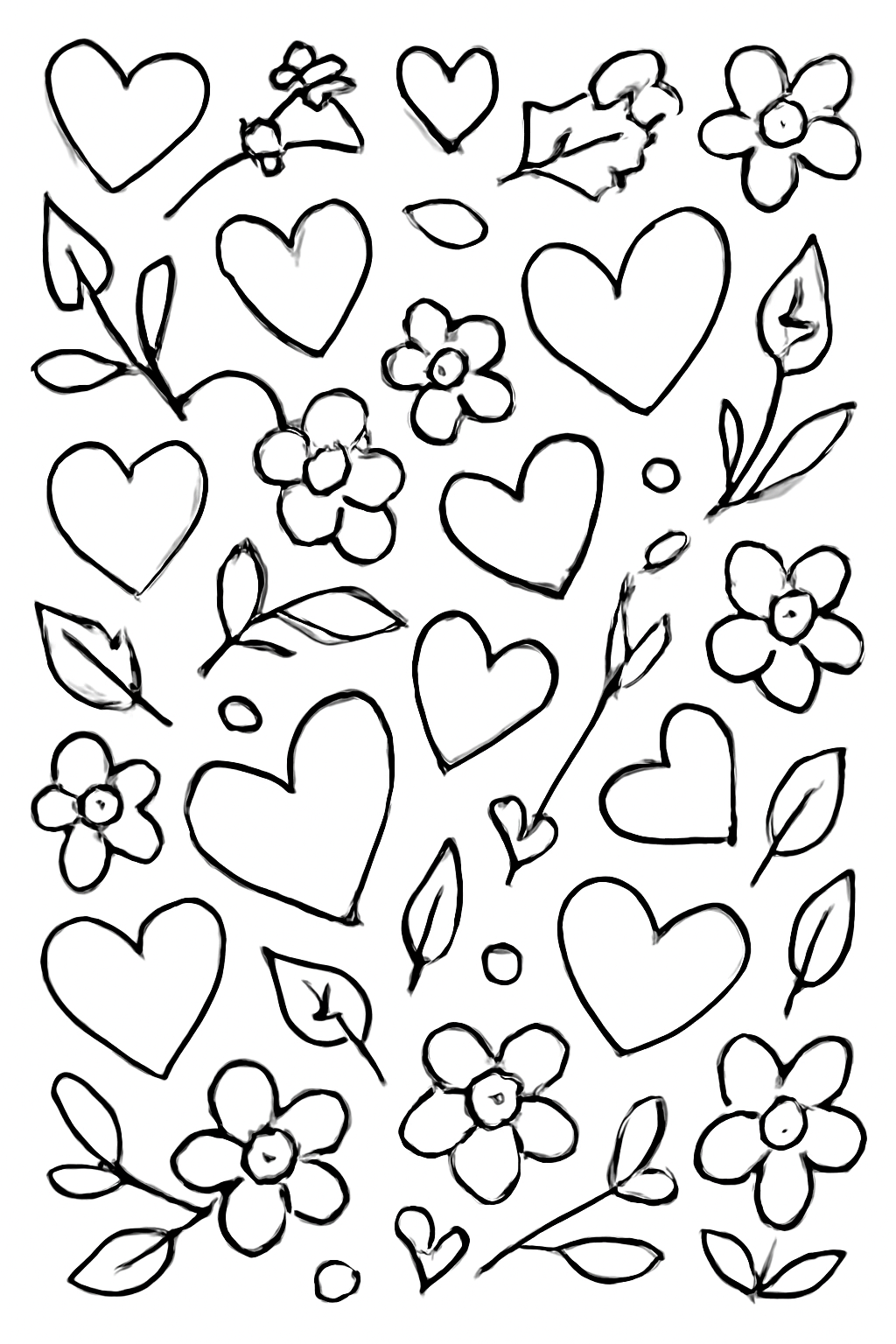 Free printable Valentine pattern of hearts arrows and flowers coloring page for kids