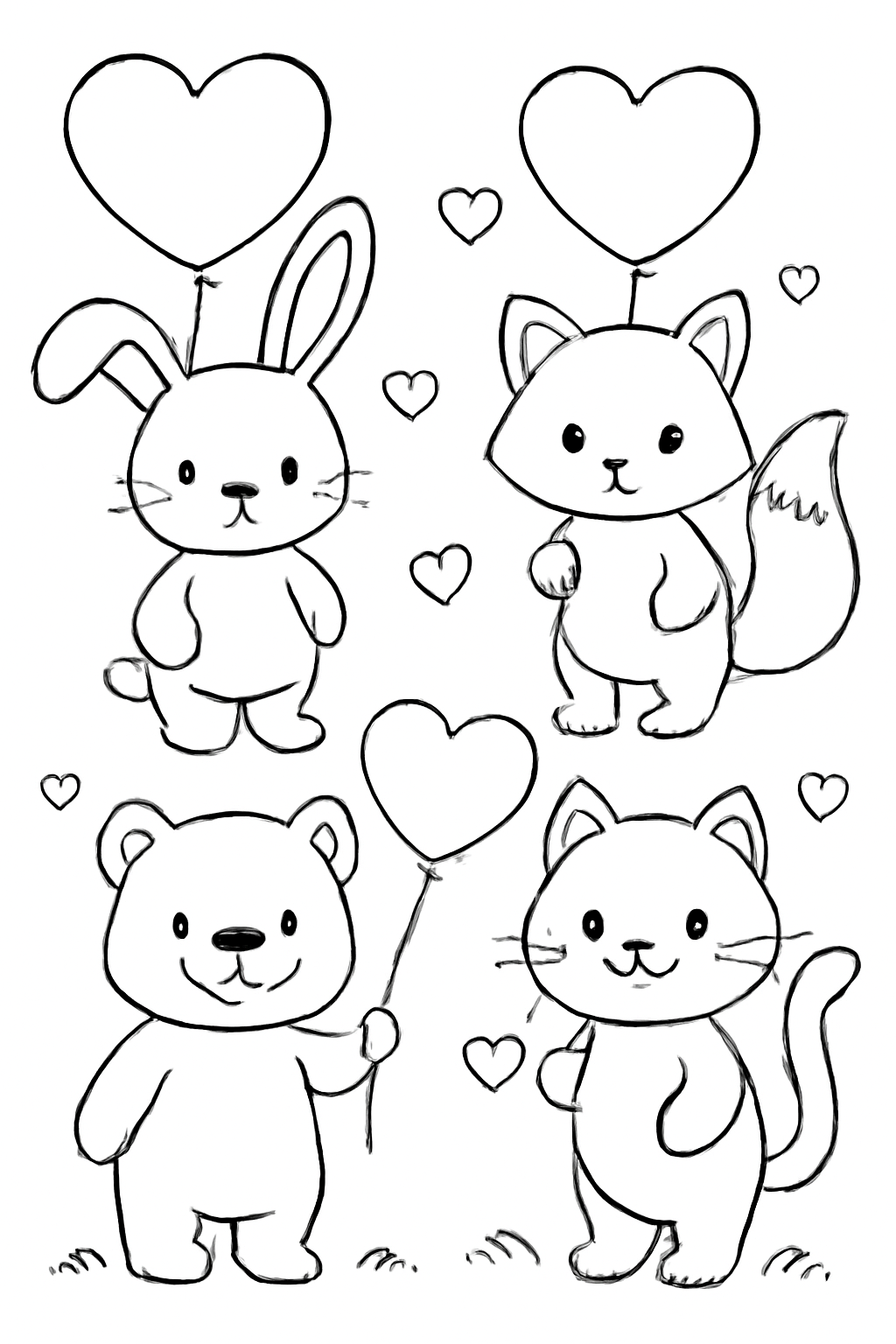 Free printable cute animals holding heart-shaped balloons for Valentine's Day coloring page