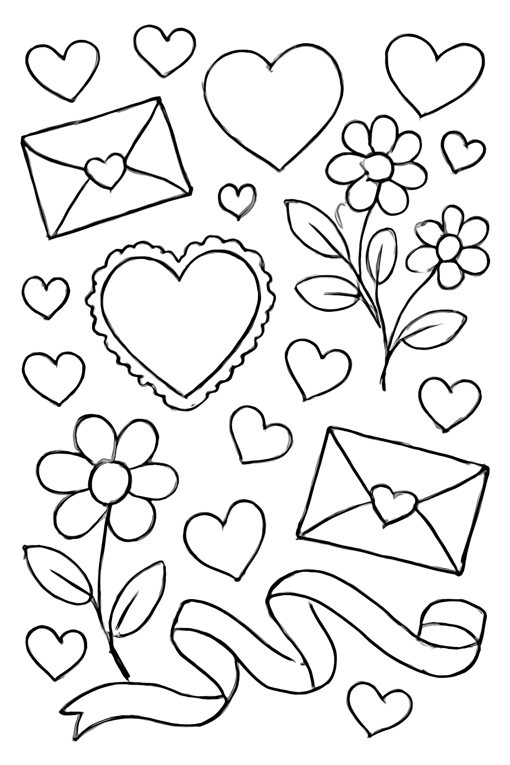 Free printable Valentine hearts flowers envelopes and ribbons coloring page