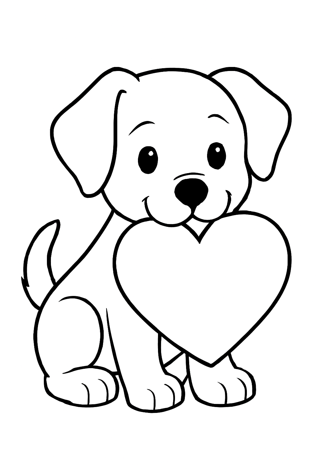 Free printable puppy holding a Valentine heart in its mouth coloring page for kids